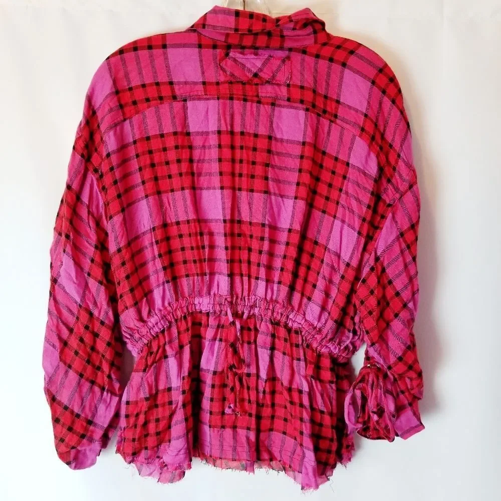 Free People We The Free Red Combo Pacific Dawn Button Down Plaid Shirt Sz‎ M NWT